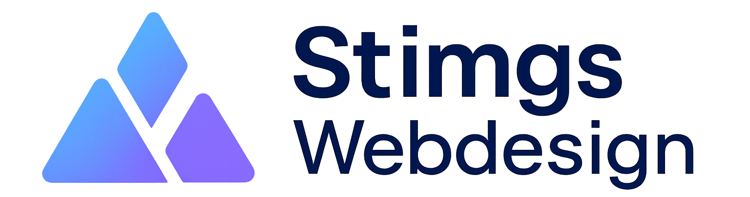Blauw-paars logo met drie geometrische vormen en tekst “Stimgs Webdesign”, gebruikt in de header van de website.