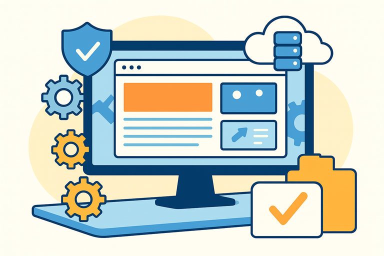 Illustratie van een computerscherm met webdesign-elementen, tandwielen, beveiligingsicoon en servers die samen website-ontwerp, techniek en online optimalisatie uitbeelden