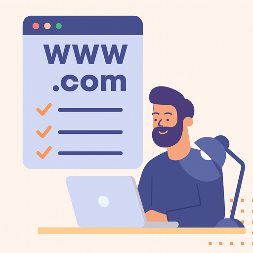 Illustratie van man achter laptop met een www.com-scherm