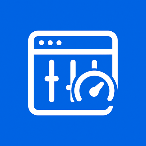 Wit pictogram van een browservenster met schuifregelaars en een snelheidsmeter dat eenvoudig websitebeheer uitbeeldt