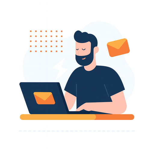 Illustratie van man achter laptop met e-mailicoon, symbool voor zakelijke e-mailhosting en betrouwbare mailservers.