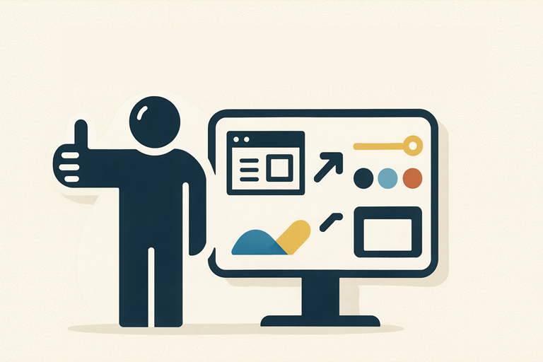 Illustratie van een persoon die duim omhoog geeft naast een computerscherm met webdesign-iconen en interface-elementen