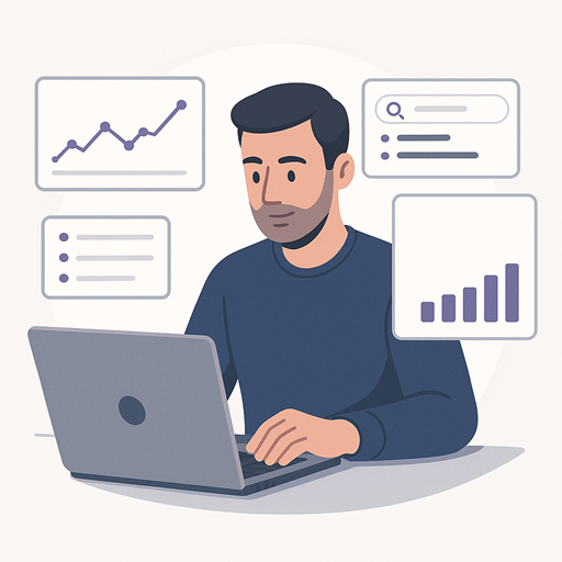 Illustratie van man die werkt op laptop met grafieken en zoekresultaten rond hem, symbool voor inzicht in SEO-prestaties en websiteoptimalisatie.