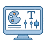Illustratie van een computerscherm met een kleurpalet, typografie-icoon en ontwerpinstellingen die het zelf beheren en aanpassen van website-inhoud uitbeelden