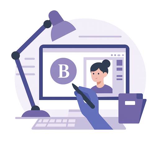 Illustratie van hand met stylus die werkt aan een computerscherm met logo en portret, symbool voor logo-ontwerp en beeldoptimalisatie voor websites.