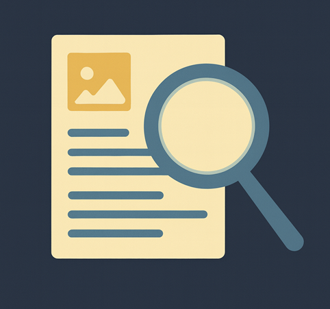 Illustratie van vergrootglas boven een webpagina met tekst en afbeelding, symbool voor on-page SEO en zoekmachineoptimalisatie van websitecontent.