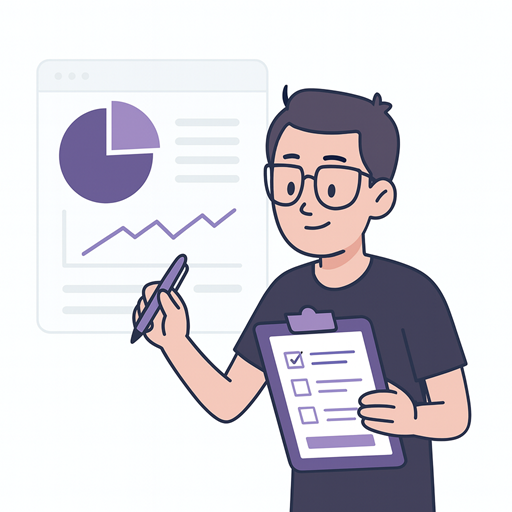 Illustratie van man met bril die een formulier invult op een clipboard, met grafieken op de achtergrond, symbool voor online formulierontwerp en data-analyse.