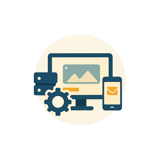 Illustratie van een computerscherm, smartphone, server en tandwiel die samen websitebeheer, hosting, e-mail en technische ondersteuning voorstellen.