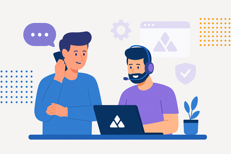 Illustratie van twee personen bij een laptop, één met een headset en één met een telefoon, die samenwerken aan website-ondersteuning en technisch advies