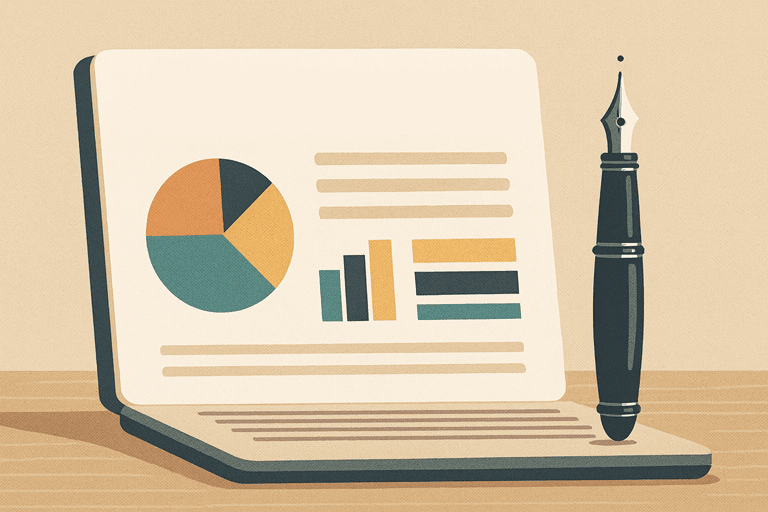 Laptop met grafiek en vulpen die het schrijven en analyseren van SEO-teksten uitbeeldt