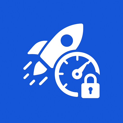Pictogram met een raket, snelheidsmeter en slot dat website snelheid en beveiliging symboliseert