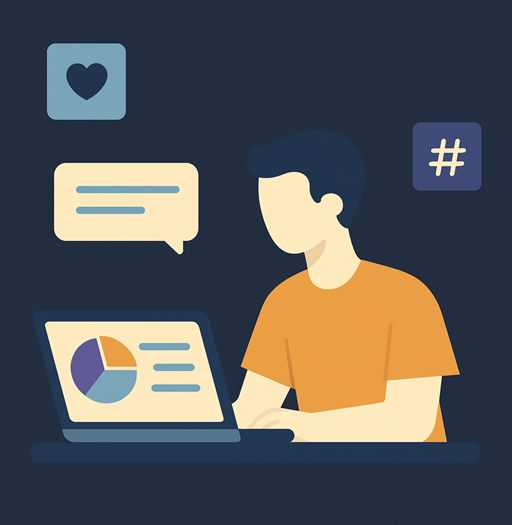 Illustratie van persoon achter laptop met social media-iconen zoals hartje, hashtag en chatballon, symbool voor social media integratie op websites.