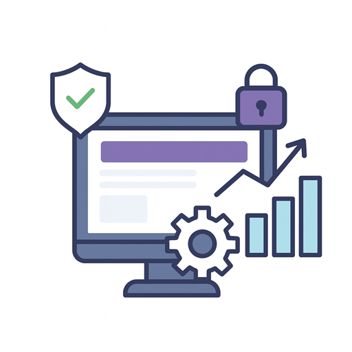 Illustratie van een computerscherm met beveiligingsicoon, tandwiel, stijgende grafiek en slot, symbool voor technische SEO, websiteveiligheid en prestaties.
