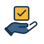 Illustratie van een hand die een geel vakje met een vinkje omhoog houdt, als symbool voor volledige controle en eigenaarschap over een website.