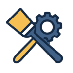 Illustratie van een penseel en tandwiel die de mogelijkheid uitbeelden om kleuren, stijlen en indelingen van een website flexibel aan te passen.