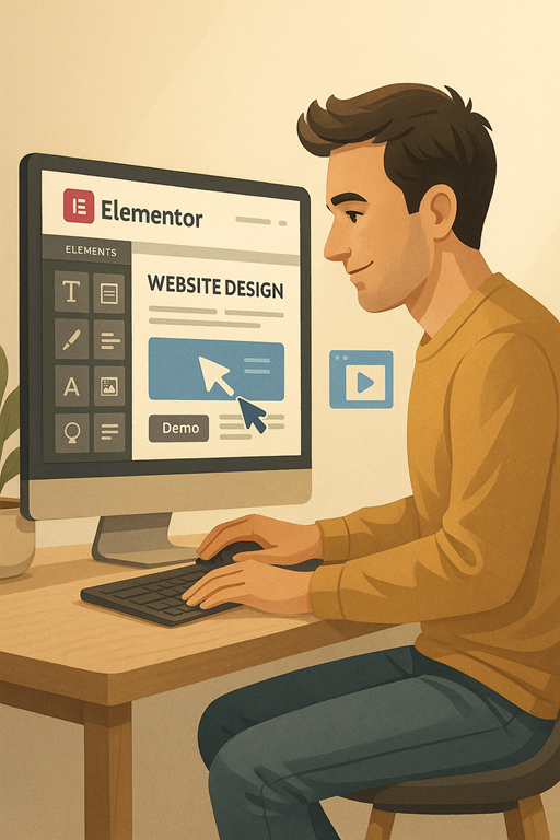 Illustratie van een man die een website bewerkt in Elementor op een computer, met webdesign-elementen en contentblokken op het scherm