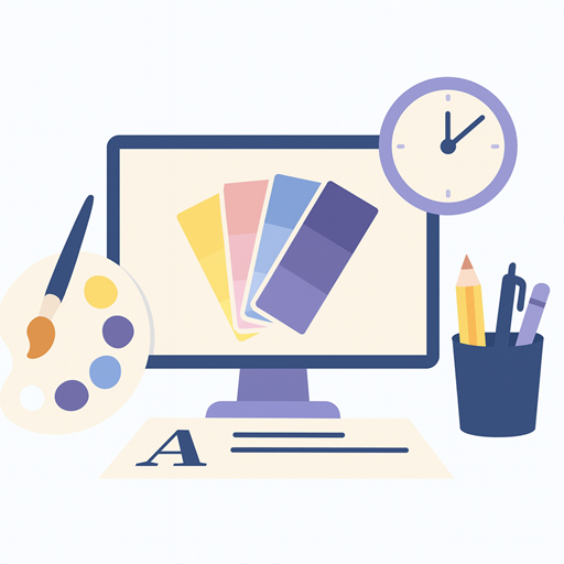 Illustratie van computerscherm met kleurenpalet, verfpalet, potloden en klok, symbool voor website-huisstijlontwerp en visuele consistentie.