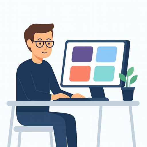 Illustratie van man die aan een bureau werkt met een computerscherm waarop vier kleurrijke blokken staan, symbool voor website-widgets en interactieve elementen.