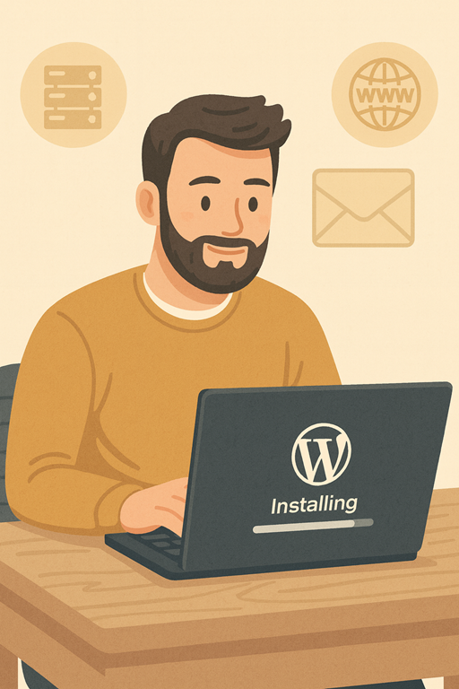 Illustratie van een man die op een laptop met WordPress-installatie werkt, met pictogrammen voor hosting, domein en e-mail op de achtergrond