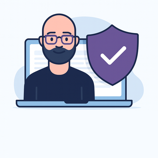 Illustratie van man met laptop en schildicoon met vinkje, symbool voor websitebeveiliging en online bescherming.