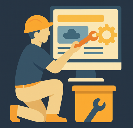 Illustratie van persoon met veiligheidshelm die aan een computerscherm werkt met tandwielicoon, symbool voor websiteonderhoud en updates.