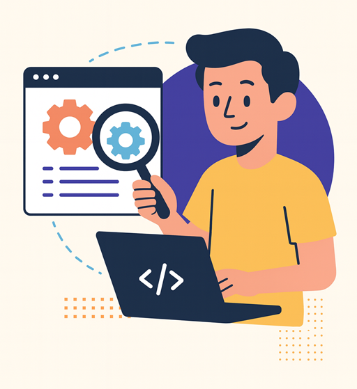Illustratie van man met laptop en vergrootglas gericht op tandwielen, symbool voor websiteontwerp en technische optimalisatie.