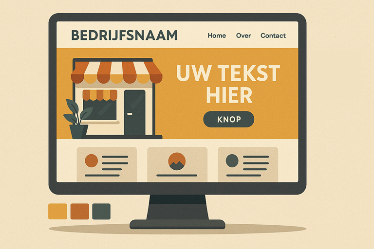 Illustratie van een computerscherm met een voorbeeldwebsite, oranje kleurenschema en tekst “Uw tekst hier”, symbool voor gepersonaliseerd webdesign.