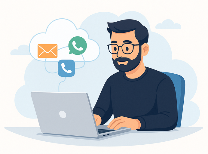 Illustratie van man die werkt op laptop met e-mail-, WhatsApp- en telefooniconen in wolk, symbool voor communicatie en contact via website.