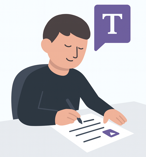 Illustratie van man die schrijft aan een bureau met teksticoon in spraakballon, symbool voor webteksten, copywriting en contentcreatie.