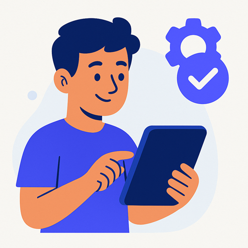 Illustratie van een persoon die een tablet bedient, met een tandwiel en vinkje dat eenvoudig beheer en gebruiksklare ontwerpen symboliseert