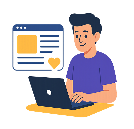 Illustratie van een persoon achter een laptop met een blogvenster en harticoon die het schrijven van webteksten en blogs uitbeeldt