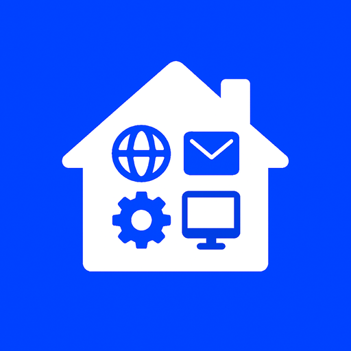 Pictogram van een huis met symbolen voor domeinbeheer, e-mail, technische ondersteuning en websitebeheer, passend bij centraal geregeld online beheer via één aanspreekpunt.