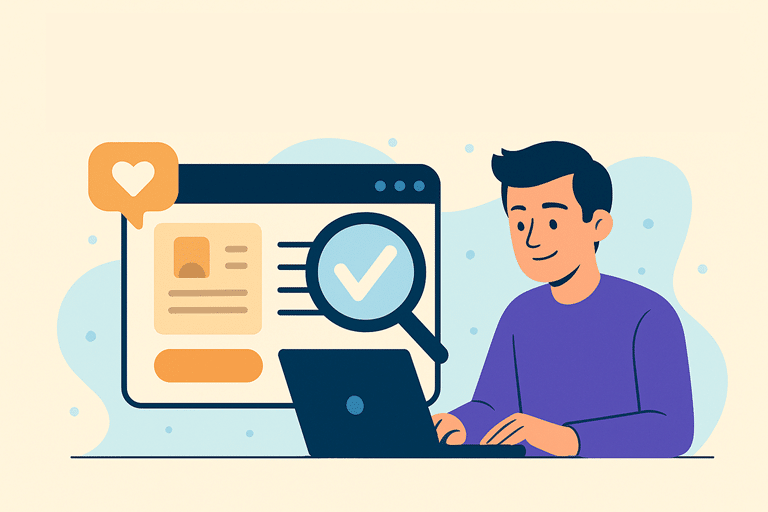 Illustratie van een man die achter een laptop werkt terwijl een groot contactformulier met een vinkje en hart-icoon in beeld staat, symbool voor een duidelijke en betrouwbare contactpagina.