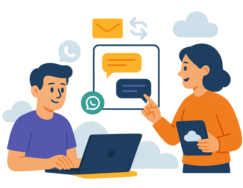 Illustratie van twee mensen die communiceren via laptop en tablet met iconen voor e-mail, berichten, WhatsApp en cloudkoppelingen.