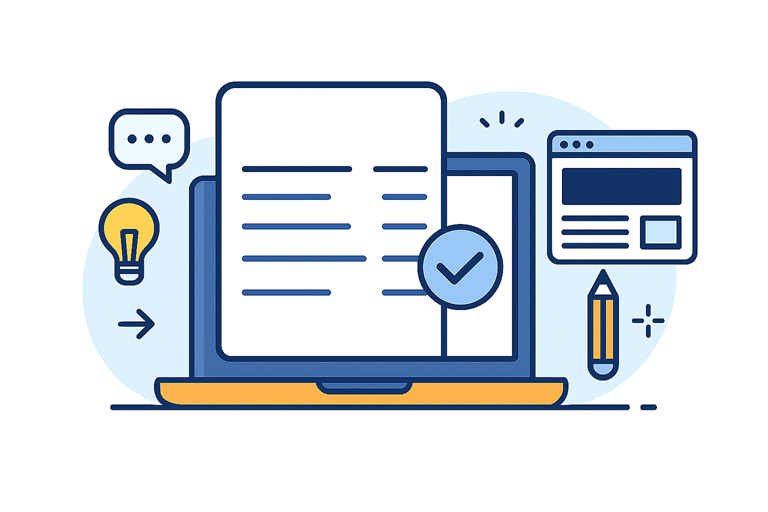 Illustratie van een laptop met documenten, een checkmark, website-icoon, tekstballon en een lampje, symbool voor prijsuitleg en overzicht van wat bij een website hoort.