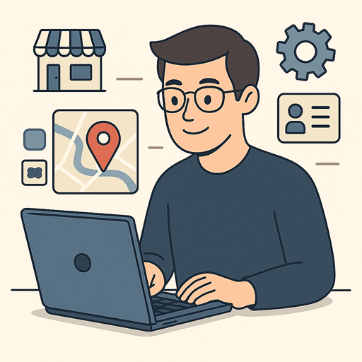 Illustratie van een persoon achter een laptop, met iconen van een locatiepin, bedrijfsinformatie, instellingen en een winkelgevel, als visuele weergave van het aanmaken en optimaliseren van een Google Bedrijfsprofiel.