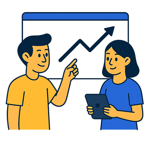 Illustratie van twee personen die samen naar een stijgende grafiek kijken, symbool voor inzicht in online prestaties en eenvoudig beheer.