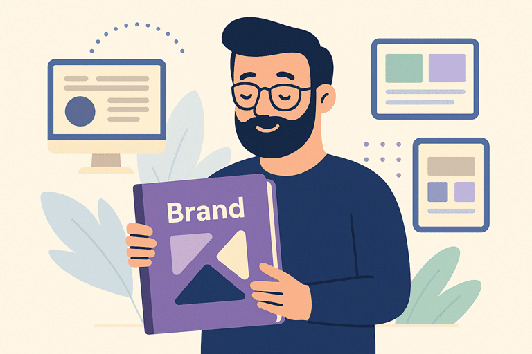 Man die een brandboek vasthoudt met kleurvoorbeelden en huisstijl-elementen, om een consistente uitstraling voor een website of merk te creëren.