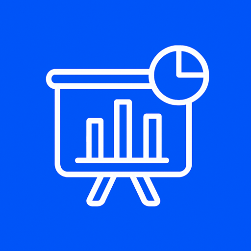 Wit pictogram van een presentatiebord met grafiekbalken en cirkeldiagram op een blauwe achtergrond, verwijzend naar inzicht in websiteprestaties.