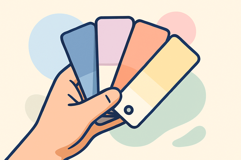 Illustratie van een hand die meerdere kleurstalen vasthoudt in verschillende tinten, passend bij het kiezen van een kleurenpalet voor branding en webdesign.