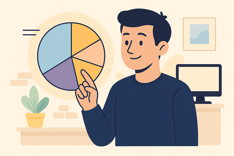 Illustratie van een man die naar een kleurrijk cirkeldiagram wijst in een kantoorruimte, passend bij een uitleg over kleurpsychologie en hoe kleuren invloed hebben op de uitstraling van een bedrijf.
