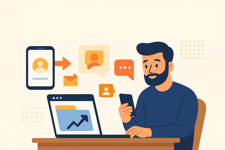 Illustratie van een man achter een laptop en smartphone met berichten-iconen en groeigrafiek, passend bij uitleg over meer klanten krijgen via je website.