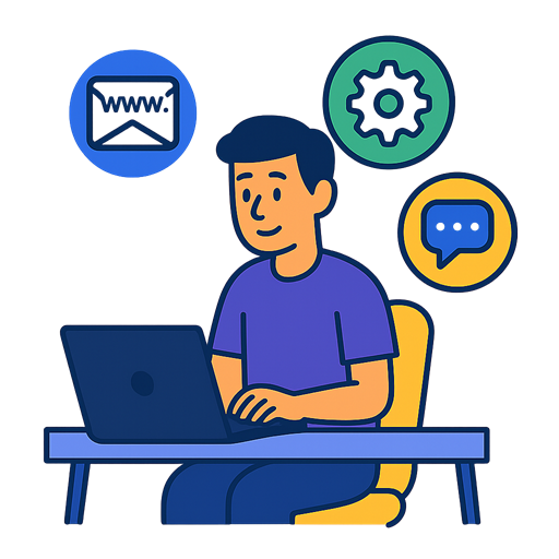 Illustratie van een persoon achter een laptop met pictogrammen voor domeinbeheer, technische ondersteuning en communicatie, passend bij persoonlijke hosting- en webdesignservices.