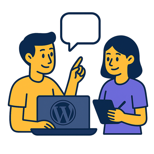 Illustratie van twee personen die overleggen bij een laptop met een WordPress-logo, symbool voor uitleg en ondersteuning bij het werken aan een website.
