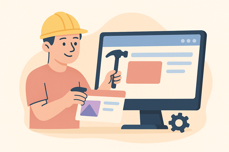 Illustratie van een persoon met bouwhelm die een websitepagina opbouwt voor een computerscherm, als visuele metafoor voor het laten maken van een website.