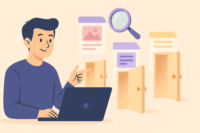 Man achter laptop wijst naar open deuren met blogpagina-iconen als metafoor voor SEO-groei door blogartikelen