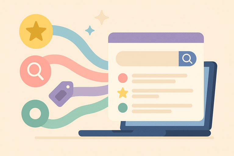 Illustratie van zoekwoorden die naar een laptopscherm stromen met zoekicoon, labels en sterretjes, passend bij uitleg over zoekwoorden gebruiken voor online vindbaarheid.