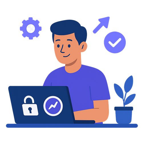 Illustratie van een persoon achter een laptop met beveiligingsicoon, groeipijl, tandwiel en vinkje die snelheid, veiligheid en SEO-vriendelijk webdesign uitbeelden