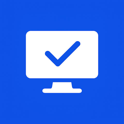 Wit pictogram van een computerscherm met een vinkje op een blauwe achtergrond, symbool voor een website die live staat