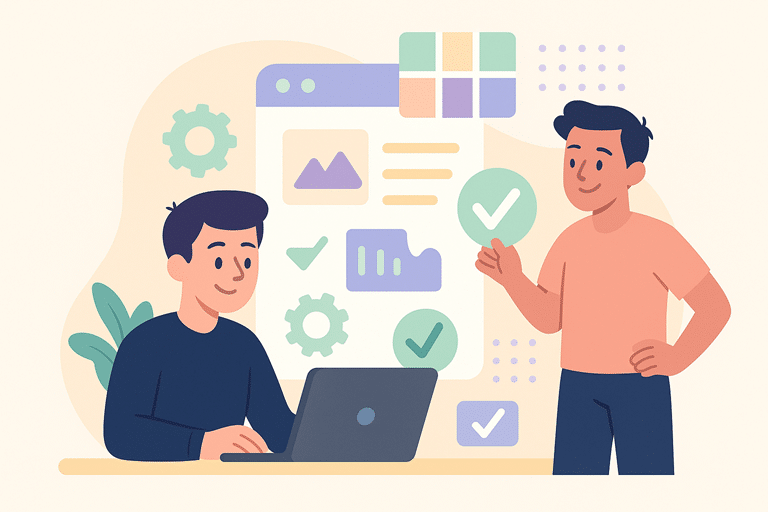 Illustratie van twee mensen die samen een website voorbereiden, met laptop, checklist-iconen en website-elementen op de achtergrond.